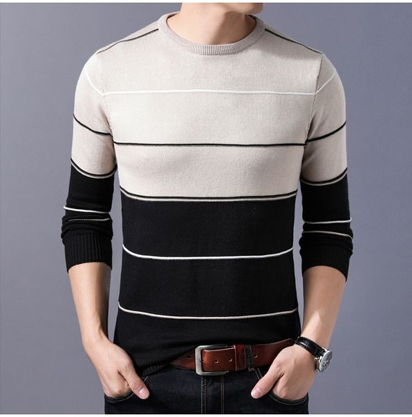 

2019 casual men's sweater brand striped o-neck patchwork pullovers slim fit fashion knitted crewneck knitwear male top, White;black