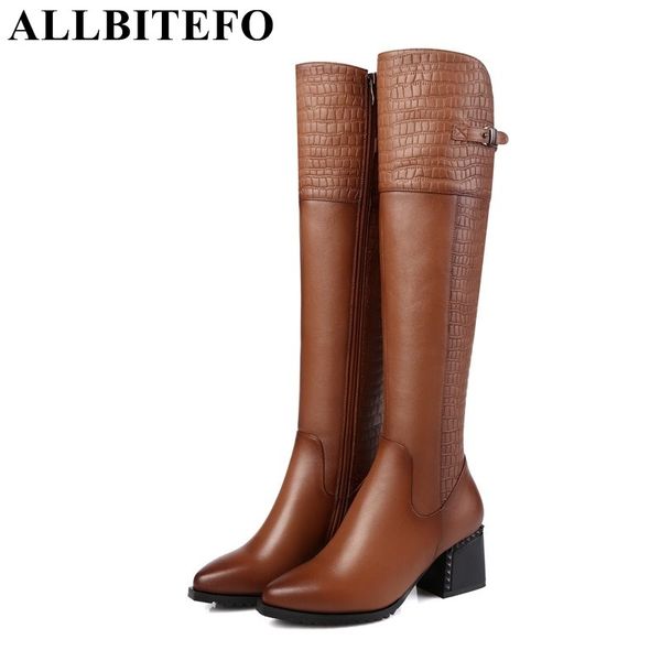 

allbitefo euro 34-42 pointed toe genuine leather +pu women knee high boots high heel shoes winter boots femme bottes mujer botas, Black