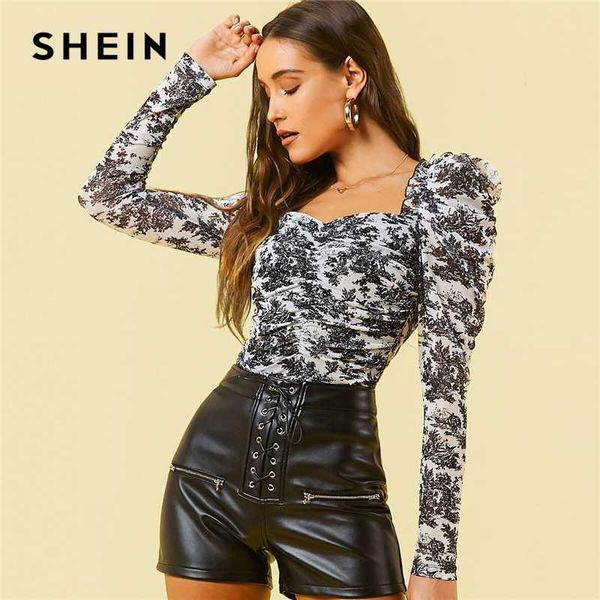 shein gigot sleeve ruched floral mesh women spring frilled sweetheart neck slim fitted elegant and blouses, White