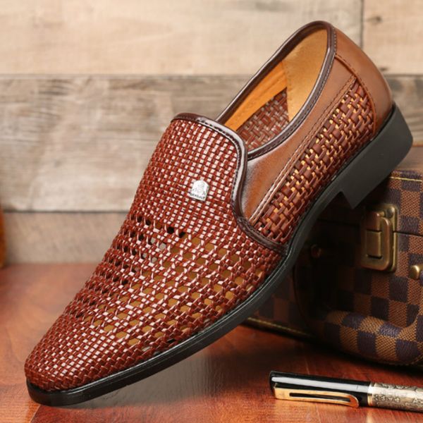 

qwedf new summer men's casual men's shoes soft bottom slip-on shoes hole middle-aged hollow weave dad d8-36, Black