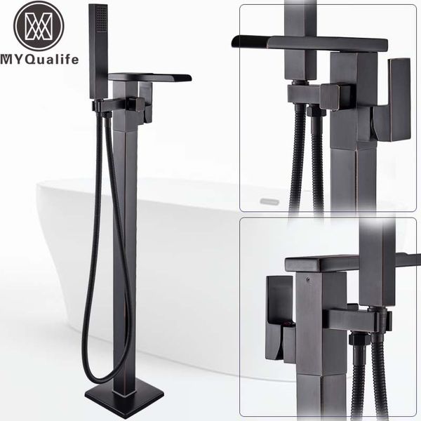 

floor mounted waterfall spout tub mixer faucet black bronze bathroom bath shower set with handshower tanding bathtub tap