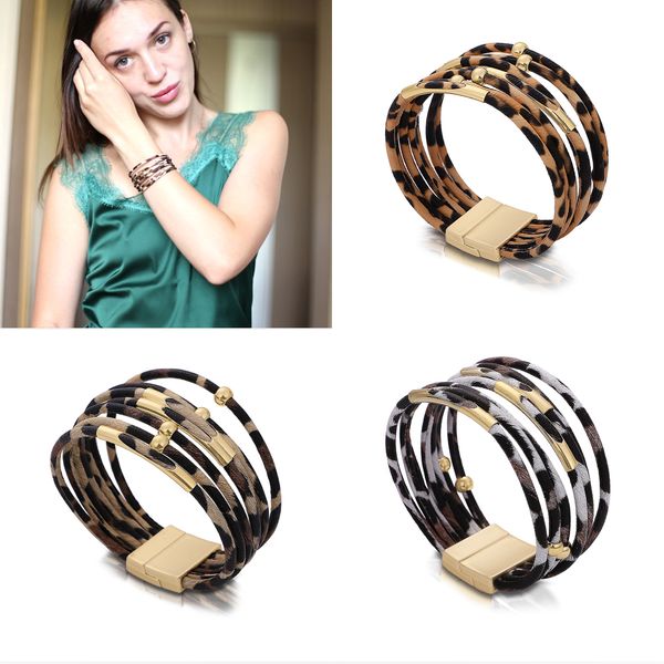 

chakra new fashion leopard leather bracelets for women elegant multilayer wide wrap bracelets & bangles female party jewelry, Black