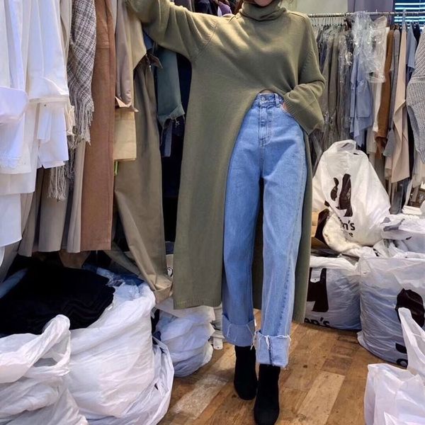 

ewq]full sleeve split hem knit spring autumn new 2020 wild wheelbarrows wild ladies sweaters womens pull neck sweater qz203, White;black