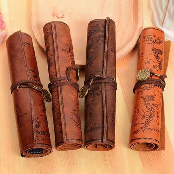 

vintage retro treasure map pencil cases luxury roll leather pu pen bag pouch for stationery school supplies make up cosmetic bag