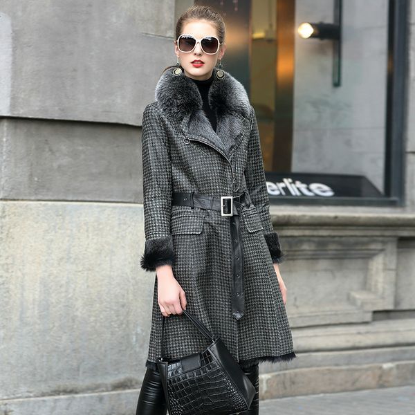 

real genuine leather jacket fur collar winter coat women clothes 2019 vintage double-faced sheepskin coat wool liner, Black