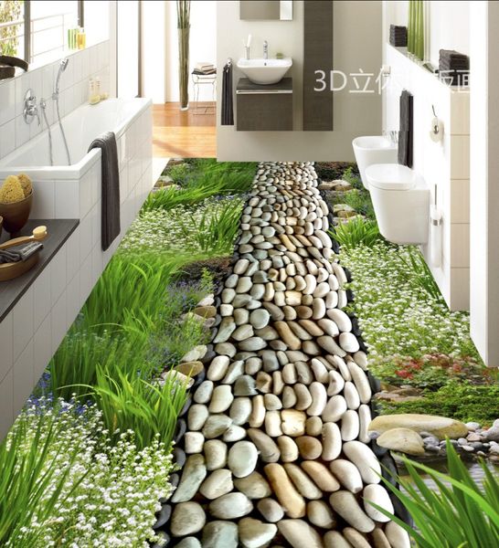 Papel personalizado piso papel de parede flor seixos sala de estar banheiro 3d chão telhas mural pvc auto-adesivo papel de parede rolo
