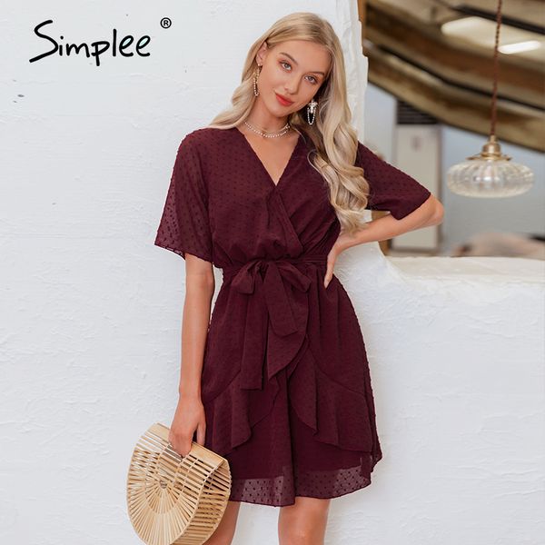 

simplee v-neck flower a-line summer dress women ruffled sash belt wrap dress short sleeve beach lining ladies short dress, Black;gray
