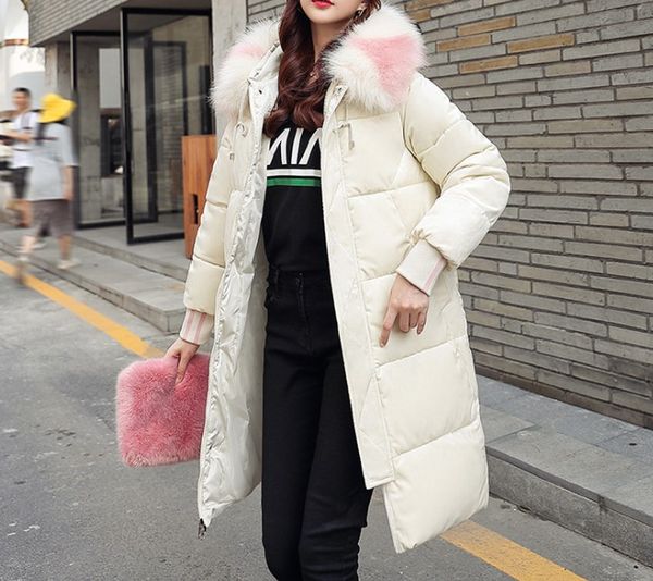 

2019 winter women cotton clothing great fur collar hooded long loose zipper cotton clothing jacket, Tan;black