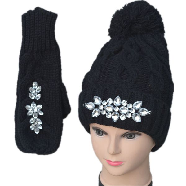 

diamond luxury thick knitted gloves hat and scarf for women winter warm set female gloves women's scarves knit mittens cap set, Blue;gray