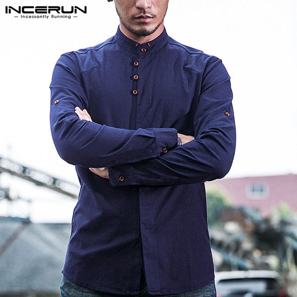 

incerun spring fashion men shirts streetwear casual stand collar long sleeve solid business brand shirts cotton camisa s-5xl, White;black