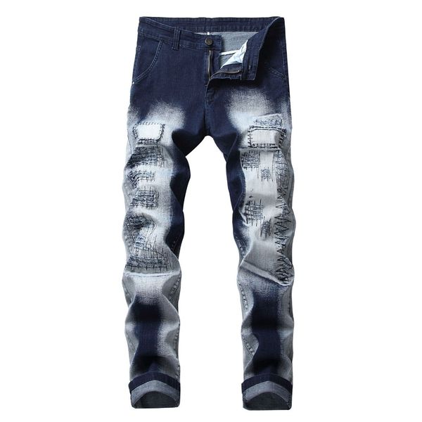 

biker jeans men's printed denim cotton vintage wash hip hop work trousers jeans pants denim men support drop shipping, Blue