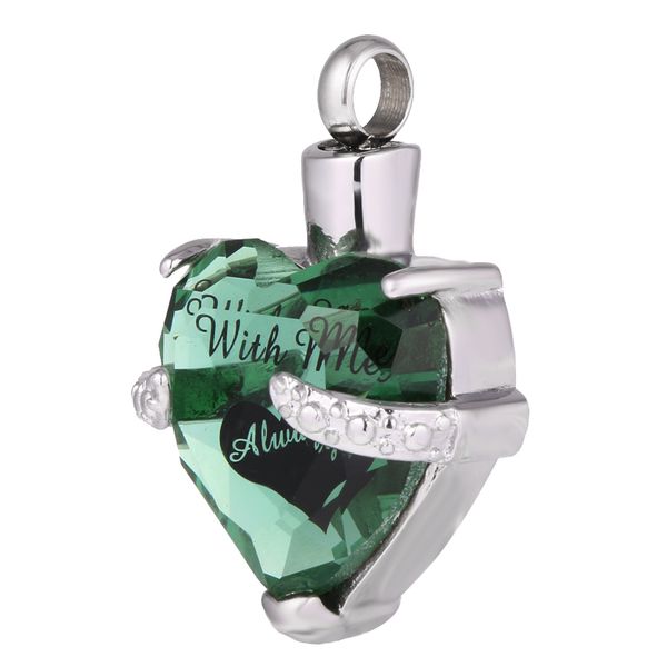 

green crystal heart shaped cremation pet ashes holder urn memorial pendant, Silver