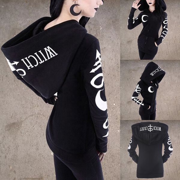 

women gothic hoodies 2019 winter harajuku moon letter print black female sweatshirts casual pocket hooded zipper punk sweatshirt, Black;brown