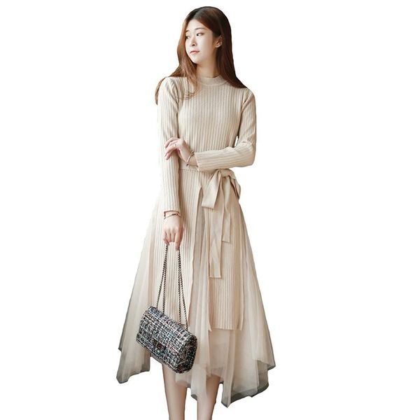 

women full sleeve knit long sweater belt +mesh stitching irregular pleated dress 2 pieces set new 2019 spring autumn j182, White