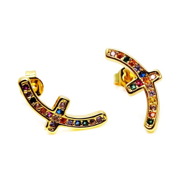 

new arrival women earring gold plated pave rainbow cubic cz earring lady jewelry micro pave zircon earring stud, White