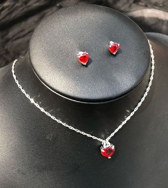 

trendy red pink purple jewelry set for women heart cz stone charm pendants necklaces earrings set love anniversary gift, Silver