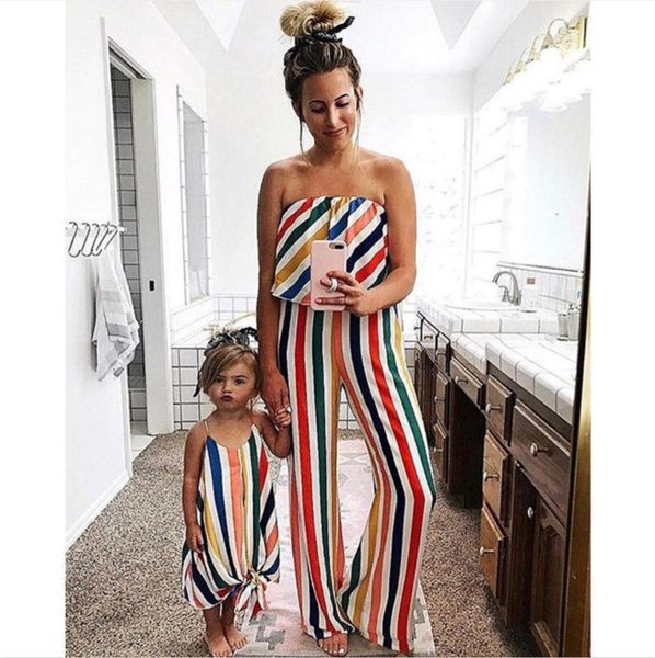 

2019 spring and summer europe and the united states explosion models striped tube section jumpsuit parent-child wear, Blue