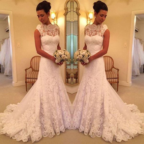 

lace wedding dresses 2020 robe de marriage sheer neck elegant mermaid bridal sweep train wedding gowns custom made, White