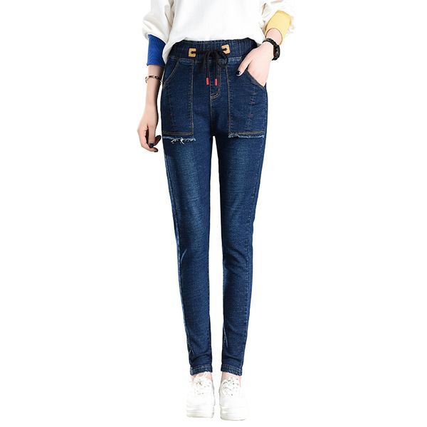 

women's 2019 elastic elastic waist jeans high waist small feet pencil jeans, Blue