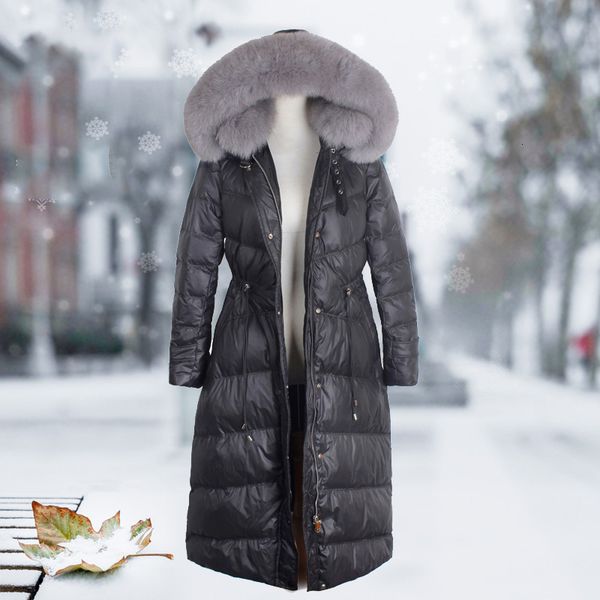 

ewq]fashion full sleeve long skin white duck downstairs overcoat down jacket stone forest thick cap loose long women coat qk943, Black