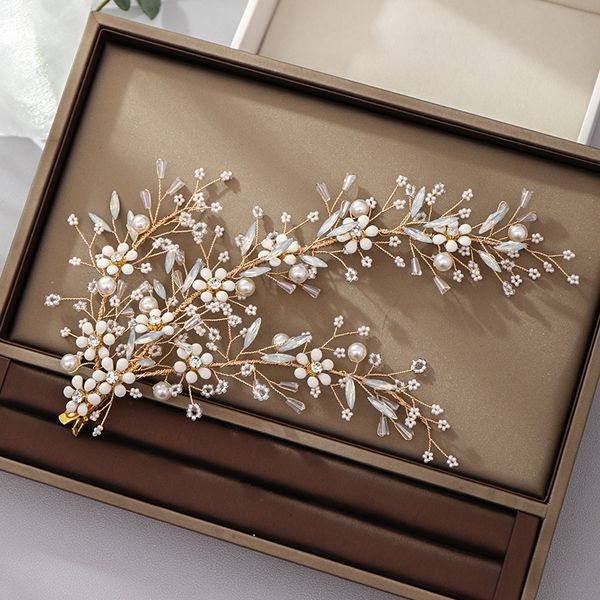 

1pcs gold color plant white flower wedding hair clip crystal bridal head decoration elegant pearl handmade hair ornament, Golden;white