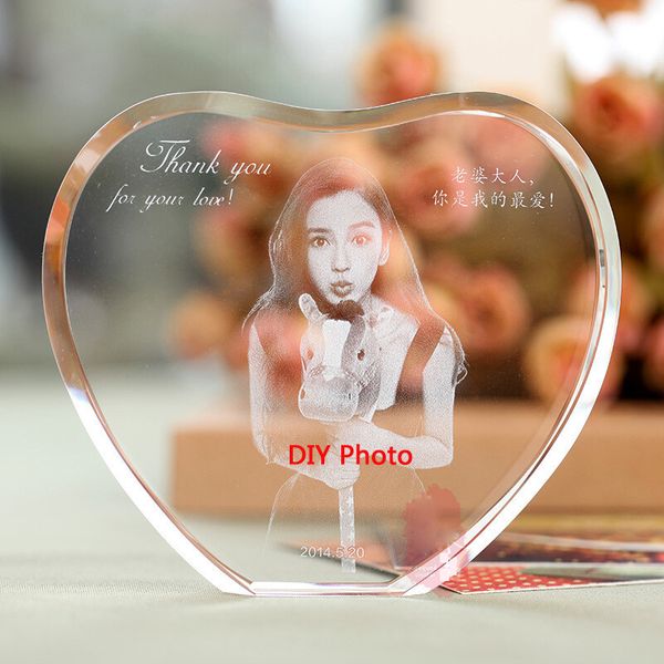 Cool Heart Crystal Photo Frame пользовательских 2D / 3D лазерная гравировка ребенка, семья, путешествия, свадебные рамки для стеклянных кадров с стоячей