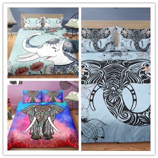 

animal printed bedding sets green and blue colored background decorative elephant and lotus printing bedding sets 2/3 pcs