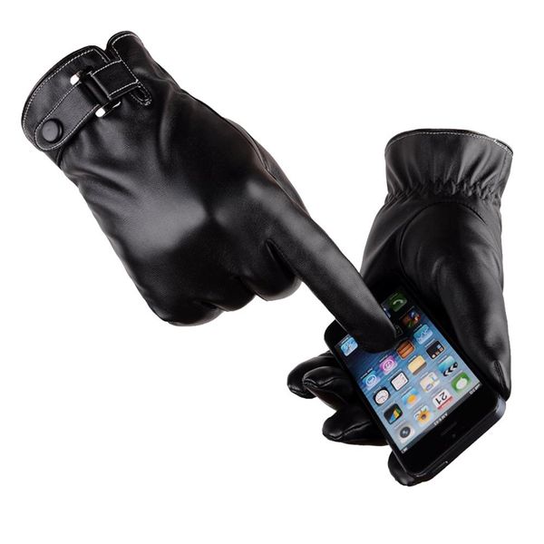 

1pair men faux leather motorcycle touch screen full finger windproof gloves, Black