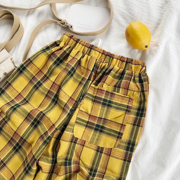 

women trousers yellow vintage plaid japanese harajuku summer pants women 100% cotton casual drawstring ankle length wide leg cotton pants, Black;white