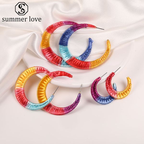 

handmade c shape raffia rattan woven hoop earrings for women colorful exaggerated semicircle big lucky grass braided pendant earring gift, Silver