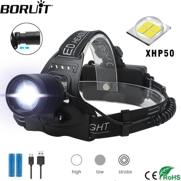 

boruit h02 xph50 led headlamp zoomable 3-mode headlight usb charger head torch hunting 18650 battery