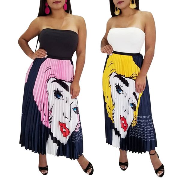 

women casual skirts cartoon letter print midi dress summer clothing new style pleated skirt fashion ankle-length skirt plus size s-2xl292, Black