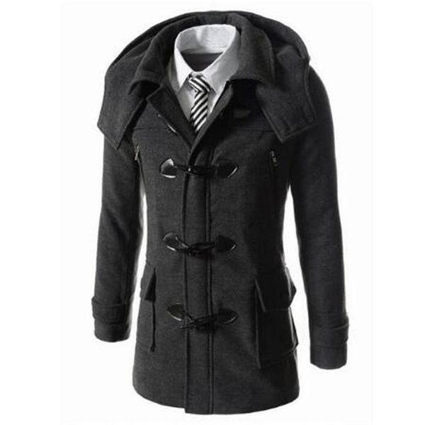

winter men's woolen horn button coats casual overcoat fashion wool coat men windbreaker jacket peacoat for man rate, Black