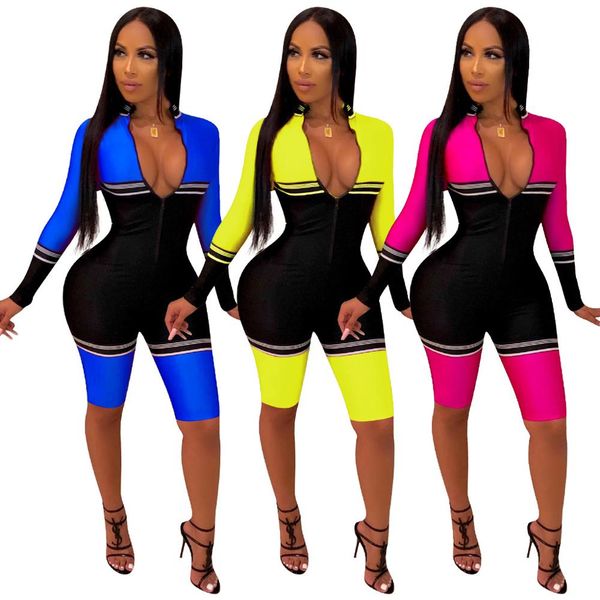 

lemon gina 2019 new women zipper up color patchwork long sleeve skinny bodycon jumpsuit romper 3825, Black;white