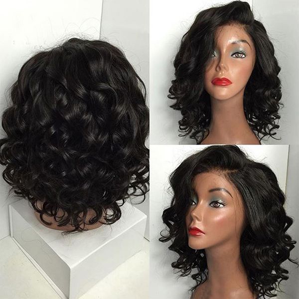 

women curly human hair wig black brazilian short wavy lace front parting high temperature fiber wig hair10.8 t190620, Golden;white