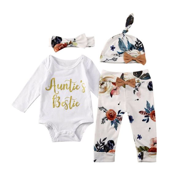 

newborn baby girls boys cottonoutfit suit clothes long sleeve auntie letter printed romper+pants+hats+headband 4pcs toddler set, White