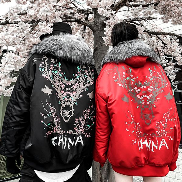 

2018 christmas sika deer fur collar coat couple winter thick men and women oversized fashion jacket jacket ladies hooded, Black