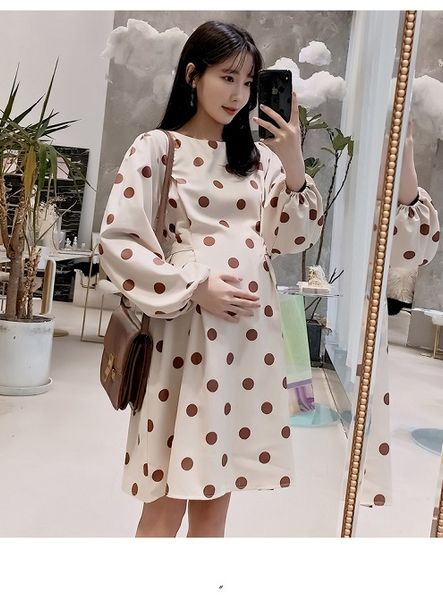 

fashion hipster pregnant women new loose wave point pregnant women dress waist was thin in the long paragraph ski, White