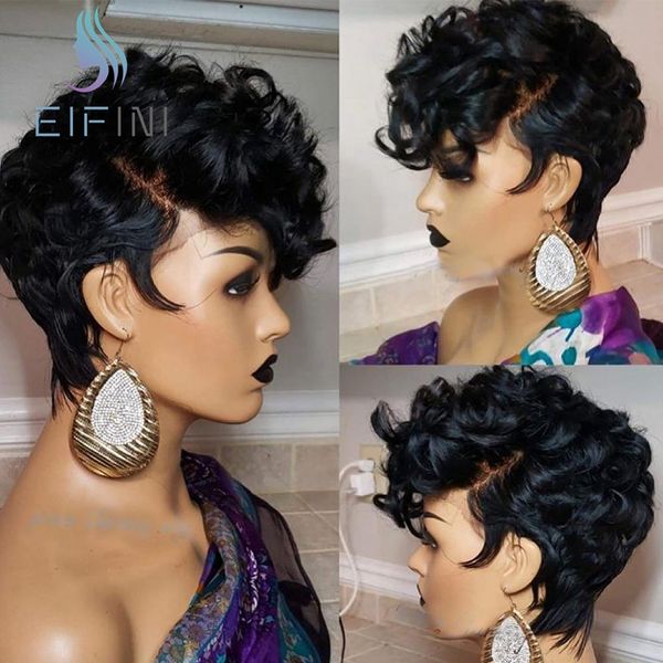 

13x6 bouncy curly pixie cut short human hair bob wigs 150% density glueless peruvian remy lace front wigs pre plucked for women, Black;brown