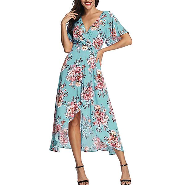 

vacation bohemian dress women v neck short sleeve split wrap beach dresses 2019 summer floral print long dress #ep, Black;gray