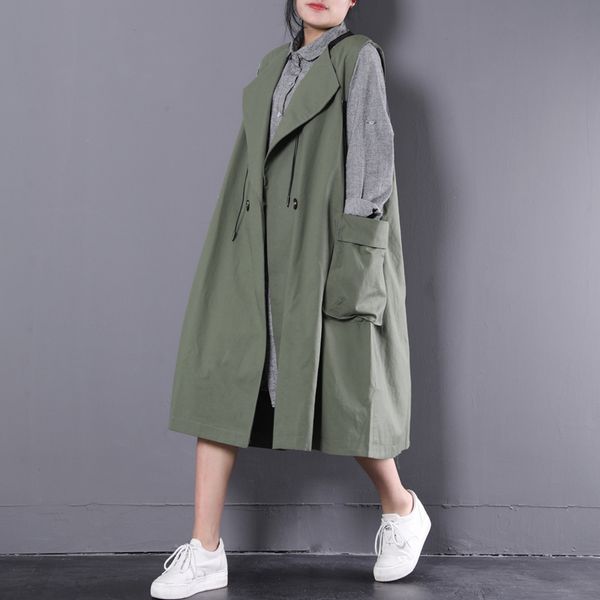 

ewq] 2019 new pattern button green color women fashion jacket long loose plus size o-neck tied pockets vest tide wa23706l, Black;white