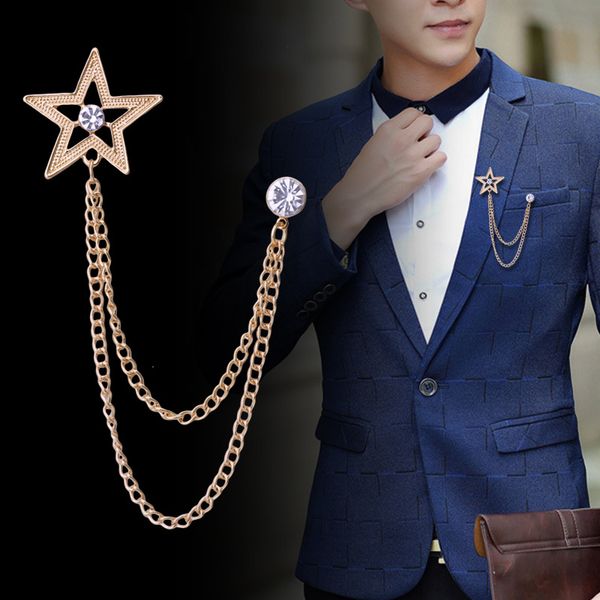 

korean fashion rhinestone star brooch tassel chain lapel pin and brooches suit shirt badge corsage for men accessories gifts, Gray