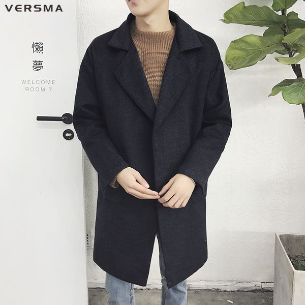 

versma 2018 korean style snow men winter long jacket coat manteau homme tweed black wool coats men overcoat woolen trench coat