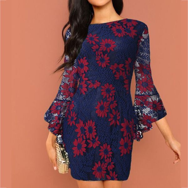 

party dress 2019 women's casual elastic waist lace print dress summer sleeve sundress casual shift dresses vestidos verano, Black;gray