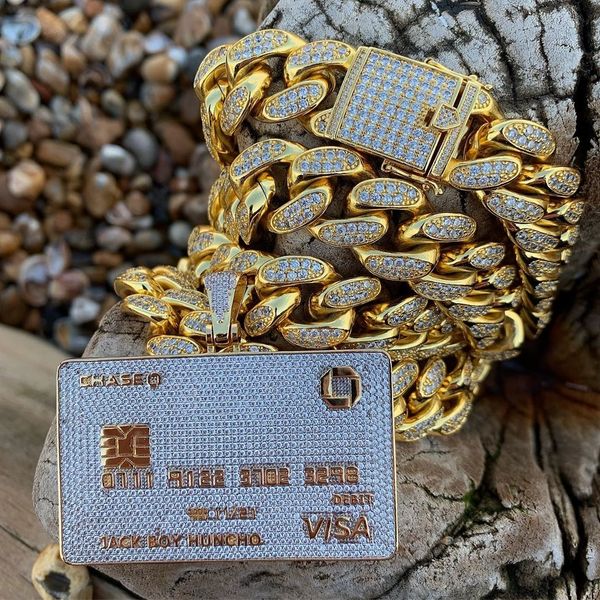 Colar com Pingente de Cartão de Crédito Full Iced Out Masculino Ouro Prata Cor Hip Hop Jóias Com Corrente De Tênis Charme CZ Jóias Presentes V191114