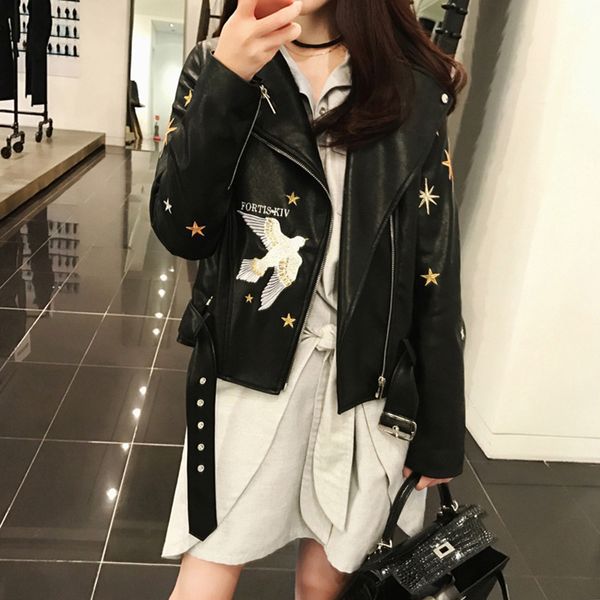 

2019 fashion women leather autumn pu famale zipper jackets new spring women casual motorcycle embroidery leather jackets n812, Black