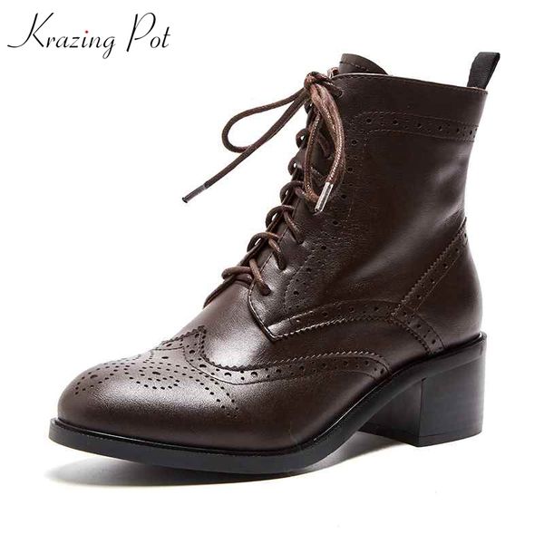 

krazing pot 2019 genuine leather women brand ankle boots block shoes round toe vintage design carved oxfords boots l10, Black