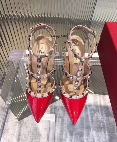 

valentino vt designer pointed toe 2-strap with rivet high heels patent matte leather sandals women girl strap dress shoes valentine