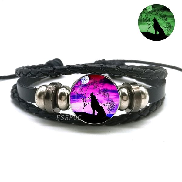 

glow in the dark wolf head bracelet multilayer leather bracelet charm women men fashion luminous bracelets wolf jewelry, Golden;silver