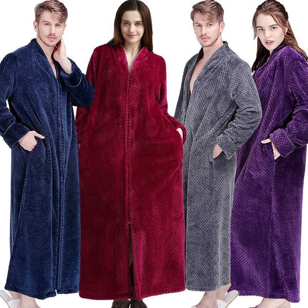 

women winter extra long thick warm bath robe plus size zipper flannel peignoir pregnant bathrobe men coral fleece robes, Black;red